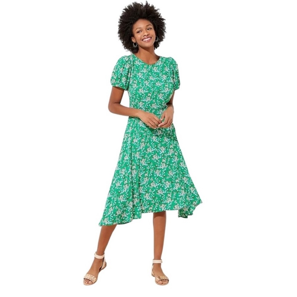LOFT Green Floral Buttercup Puff Sleeve Flounce Dress Size 8 305